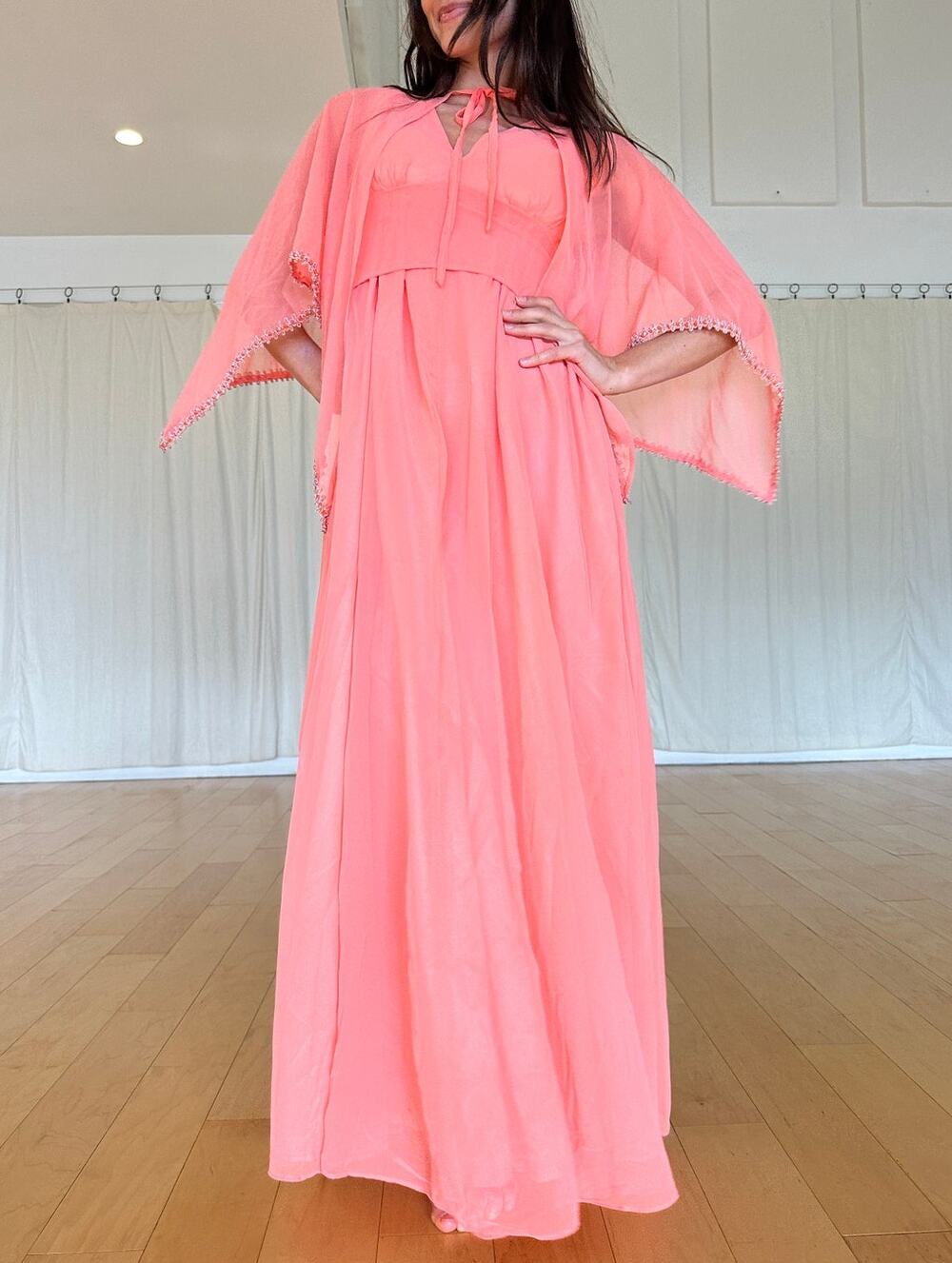 Women's Medium Gown Peach Chiffon Two Piece Sleeveless A-Line Vintage 1970s Rare